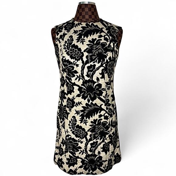 Vtg Joseph Magnin Tapestry Sleeveless Sheath Dress Medium White Black Floral 60s - Picture 2 of 14